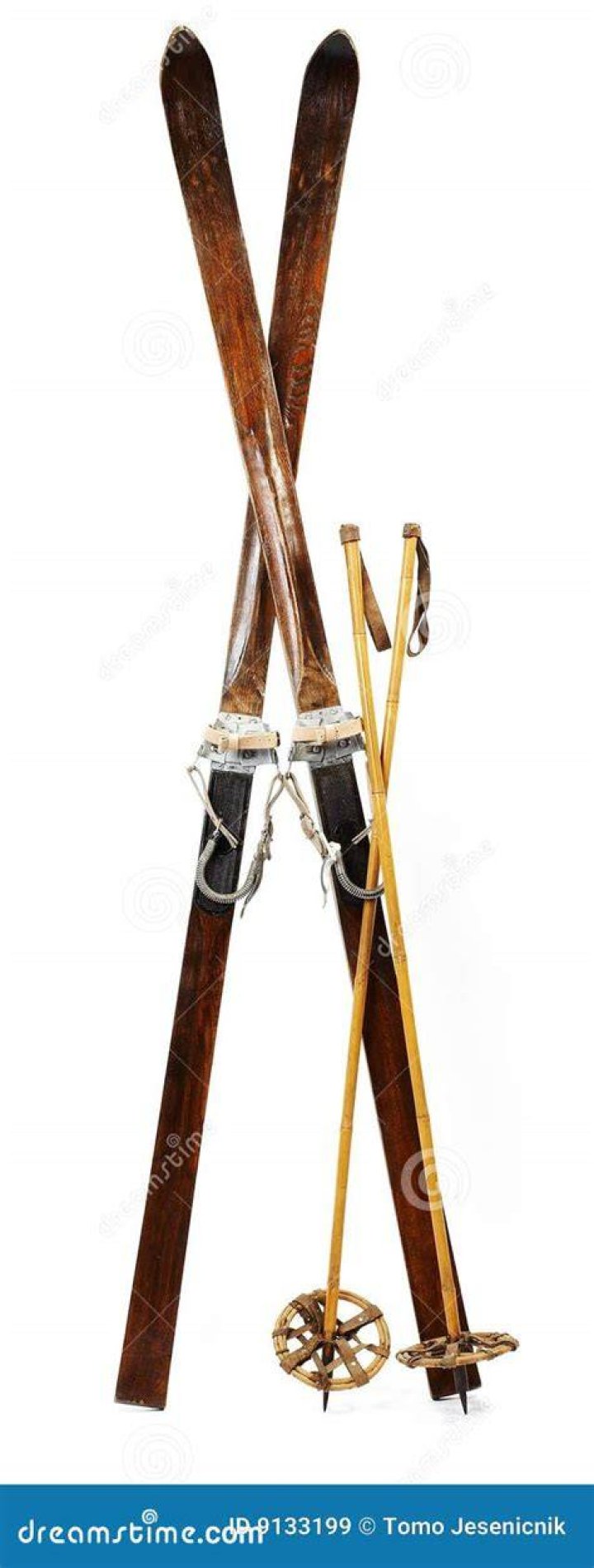 Old wooden alpine skis and old ski poles in snow Vector Image
