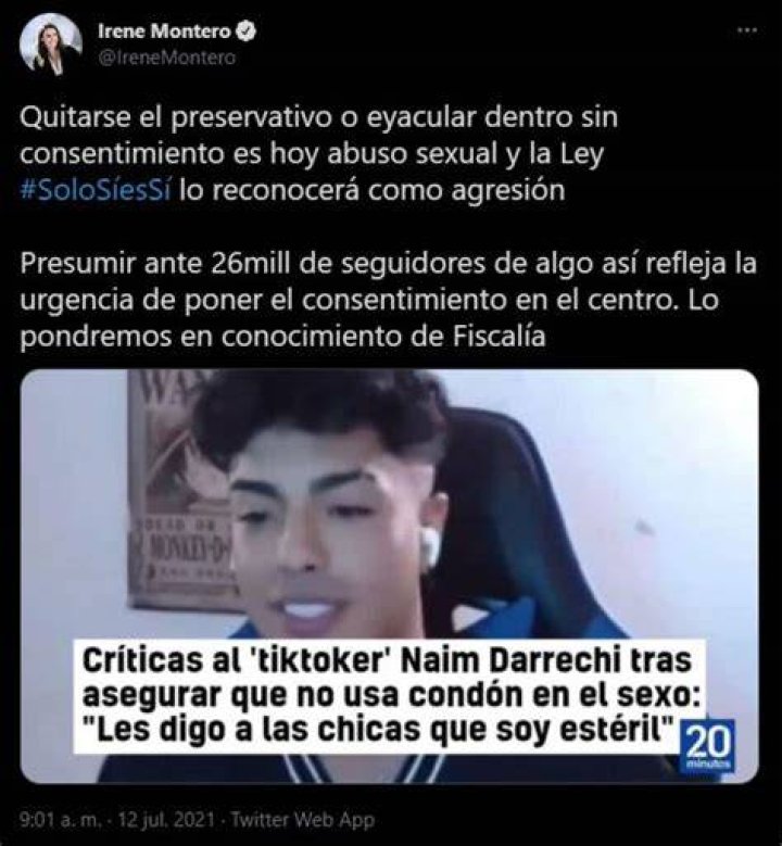 Tiktoker Naim Darrechi confiesa quitarse el cond&oacute;n sin consentimiento